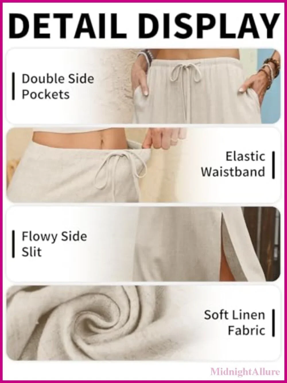 Linen Straight Maxi Skirt with Side Slit - Elastic Waist Drawstring Long Flowy